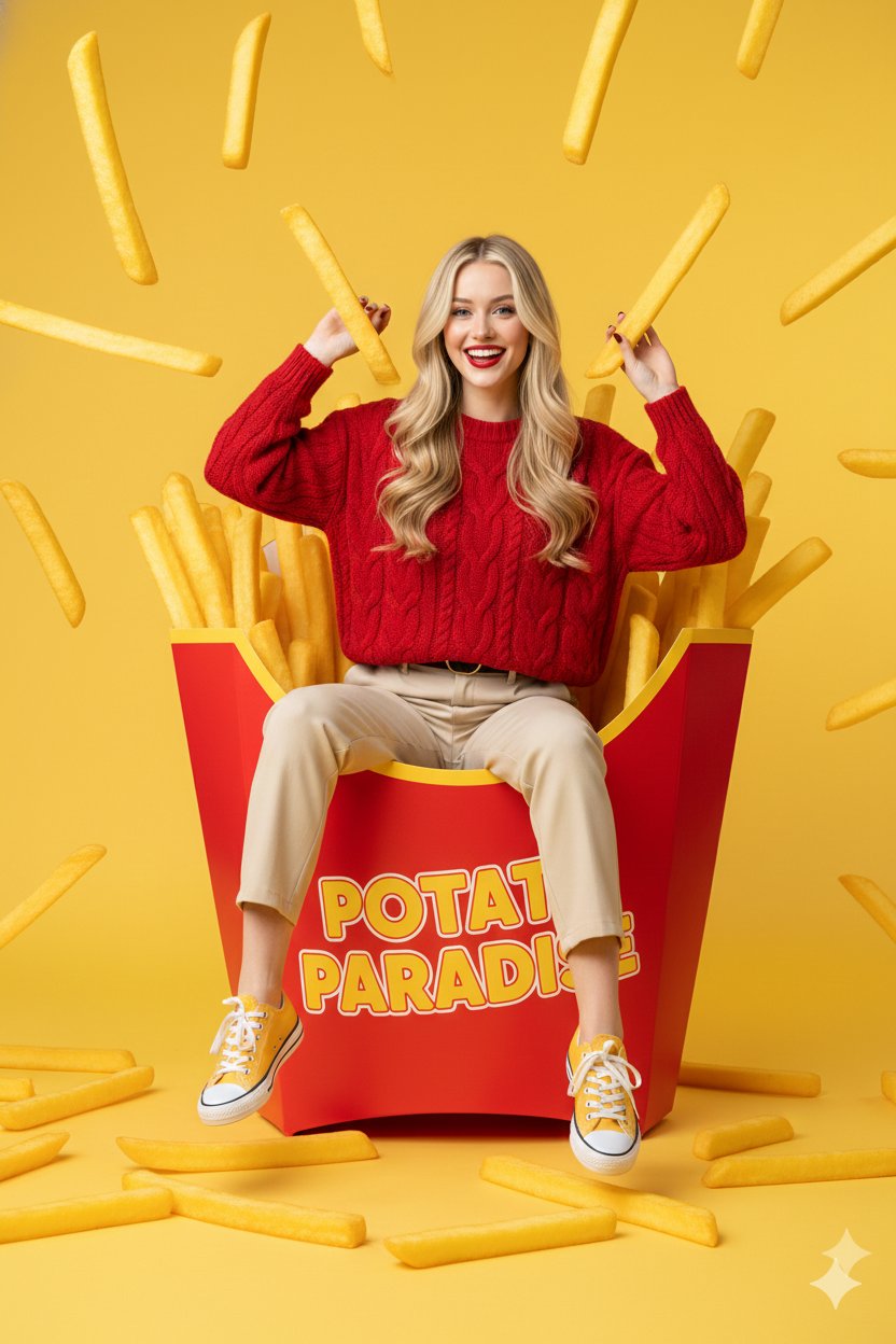 薯条海洋中的俏皮少女