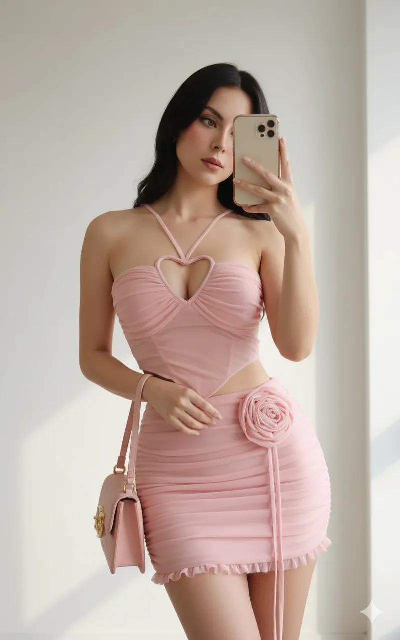 柔粉抹胸与极简白墙的时尚定格