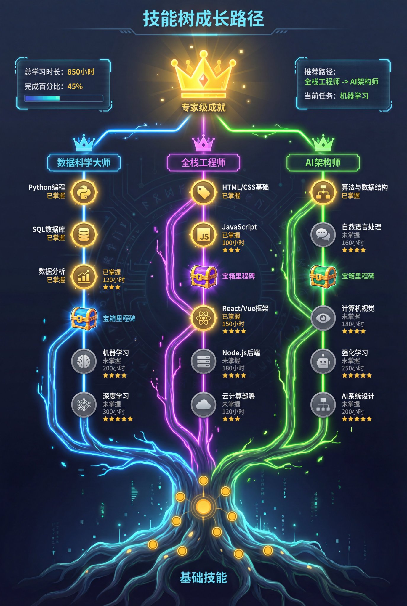 一张精美的技能树成长路径信息图