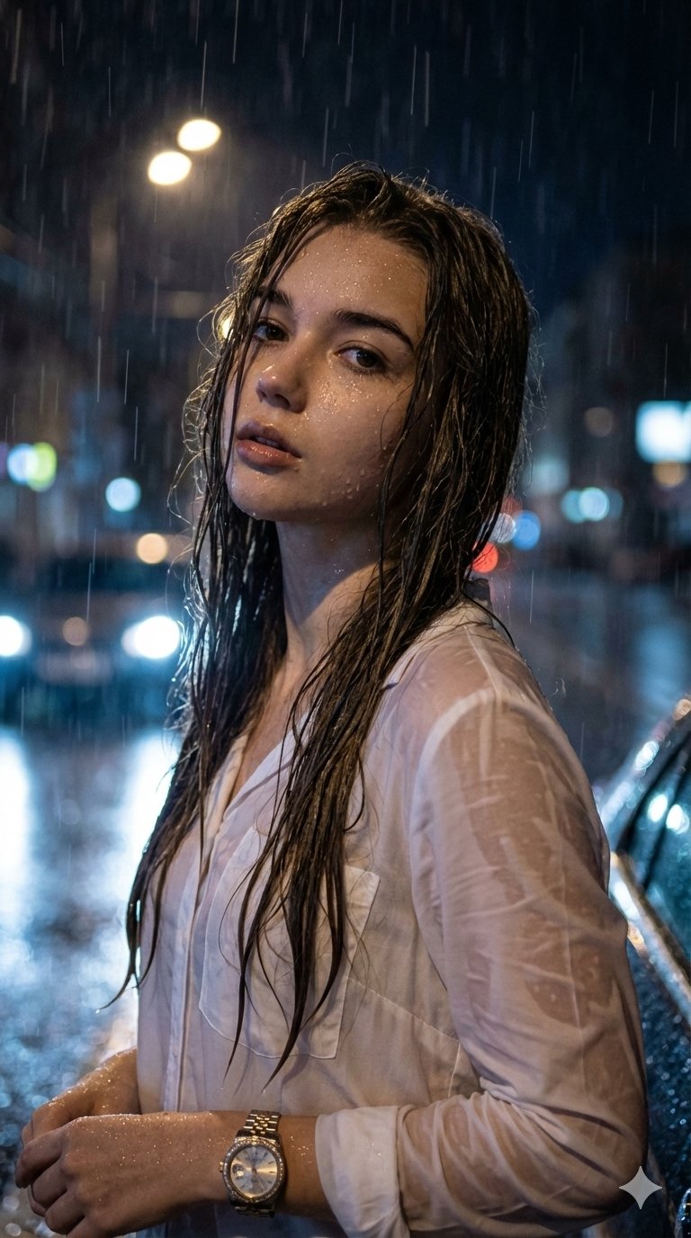 雨夜都市的沉思女性