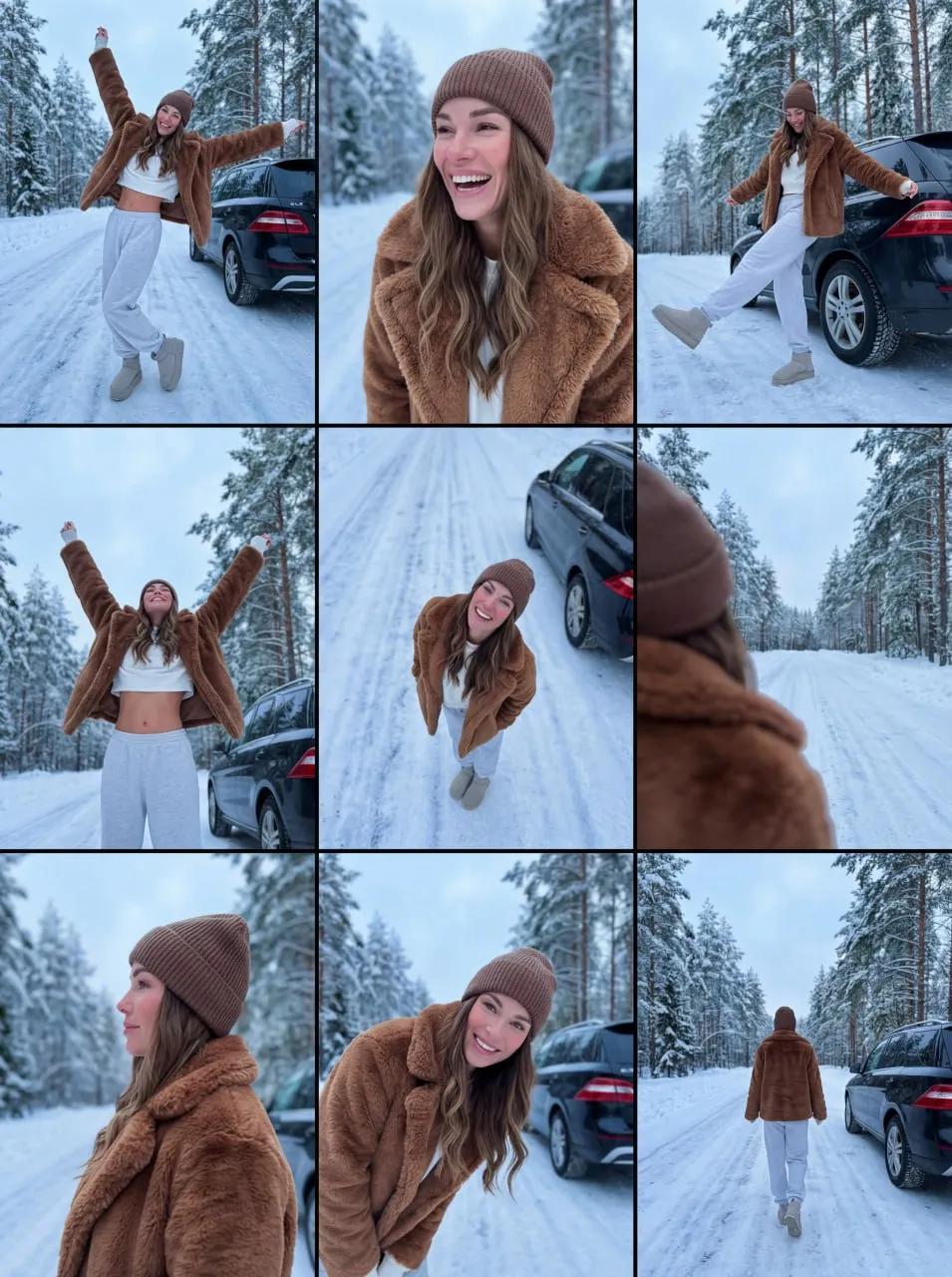 冬季森林中年轻女子的3x3网格拼贴画